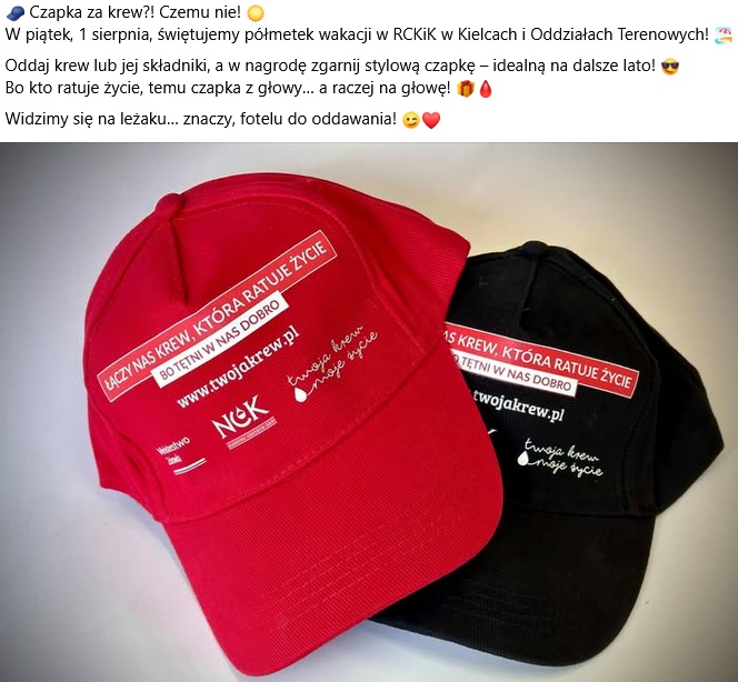 Oddaj krew w piątek (1 sierpnia) i odbierz czapeczkę!