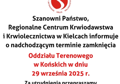 Nieczynny Oddział Terenowy w Końskich w dniu 29 września 2025 r.