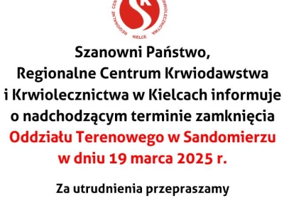 Nieczynny Oddział Terenowy w Sandomierzu w dniu 19 marca 2025 r.