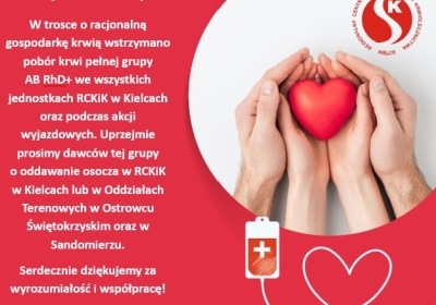 Wstrzymanie poboru krwi pełnej grupy AB Rh +!